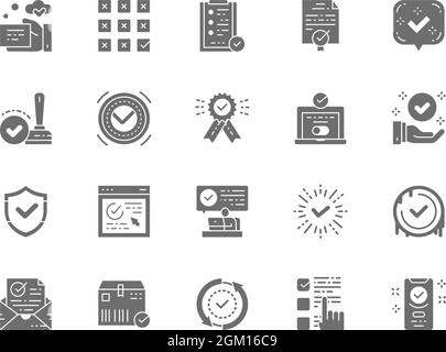 Set of Check Mark and Approve Grey Icons. Certificate, Quality Control and more. Stock Vector