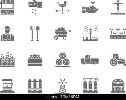 Set of Farming and Agriculture Grey Icons. Farmer, Tractor, Millwheel and more. Stock Vector