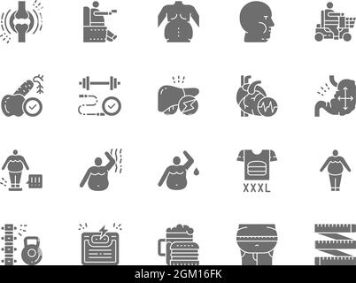 Set of Obesity and Overweight Grey Icons. Fat Face, Junk Food, Diet and more. Stock Vector