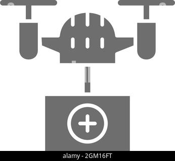Drone with medical box, fast delivery, transportation grey icon. Stock Vector