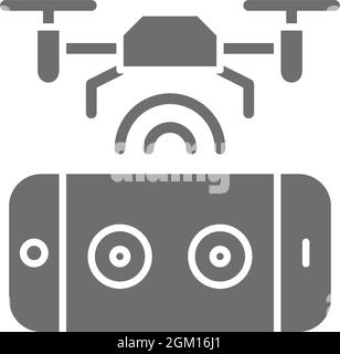 Drone with control panel, mobile remote controller grey icon. Stock Vector
