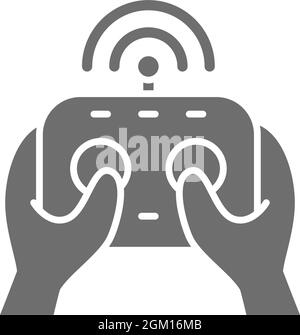 Hands holds remote controller, control panel for drone, gamepad grey icon. Stock Vector