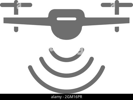 Drone with radio waves, radar detection system, delivery service grey icon. Stock Vector
