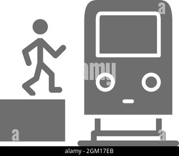 Man in metro, waggon on platform, train, subway station grey icon. Stock Vector