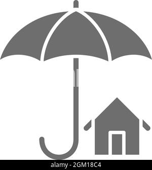 House insurance, umbrella with building, real estate protection grey icon. Stock Vector