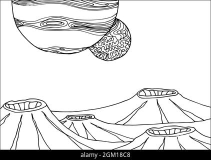 Doodle alien fantasy landscape with big craters coloring page for adults. Fantastic psychedelic graphic artwork. Vector hand drawn simple flat illustr Stock Vector