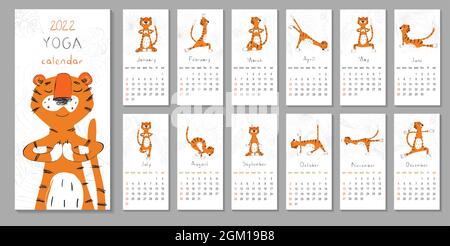 Cute printable template with tiger doing yoga. 2022 trendy calendar design. Set of 12 months. Week starts on Sunday. Flat color illustration. 12 yoga Stock Vector