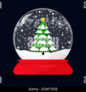 Snow globe with christmas tree inside, covered with snowflakes and decorated with a star.Vector illustration flat. Stock Vector