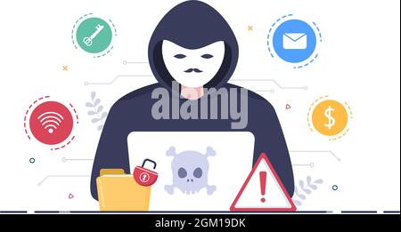 Hacker Using Computer Server to Activity Hacked Database, Network Storage, Social Account, Credit Card or Security. Background Vector Illustration Stock Vector