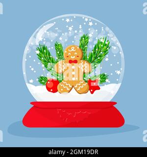 Christmas snow globe with gingerbread cookie and decorations inside. Vector illustration flat. Stock Vector