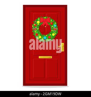 Entrance to the suburban house, door decorated with a Christmas wreath, ornaments and garland. Isolated vector illustration flat. Stock Vector