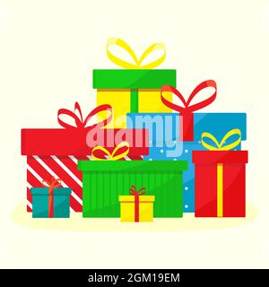 Many colorful Christmas presents. Gift boxes vector illustration flat. Stock Vector