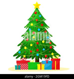 Decorated with toys Christmas tree and gift boxes isolated on white. Flat vector illustration. Stock Vector
