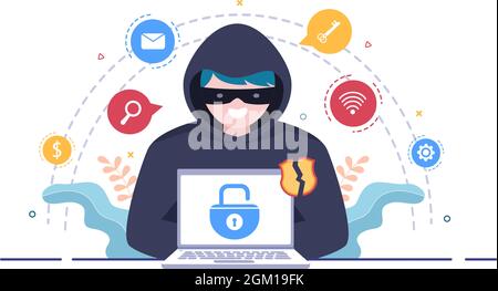 Hacker Using Computer Server to Activity Hacked Database, Network Storage, Social Account, Credit Card or Security. Background Vector Illustration Stock Vector
