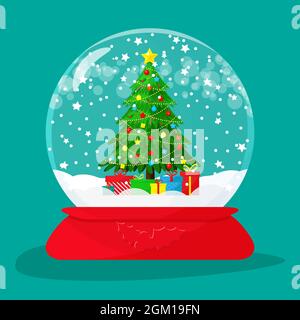 Christmas tree in snow globe with decorations inside. Vector illustration flat. Stock Vector