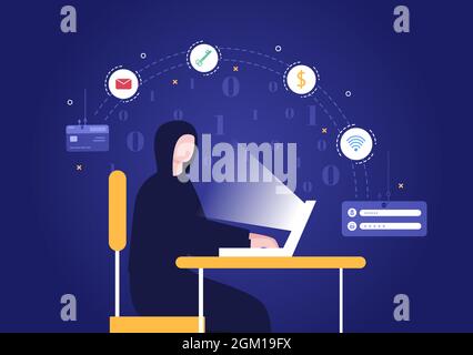 Hacker Using Computer Server to Activity Hacked Database, Network Storage, Social Account, Credit Card or Security. Background Vector Illustration Stock Vector