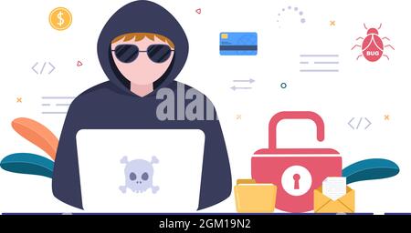 Hacker Using Computer Server to Activity Hacked Database, Network Storage, Social Account, Credit Card or Security. Background Vector Illustration Stock Vector