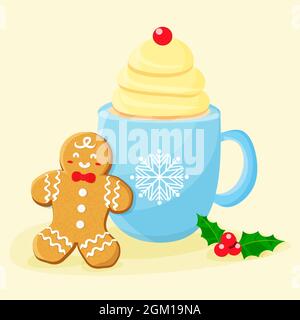 Christmas drink and gingerbread cookie with holly berry. Vector illustration flat. Stock Vector
