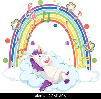 Unicorn laying on cloud with rainbow and melody symbol illustration ...