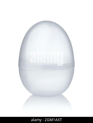 Front view of empty transparent plastic egg container isolated on white Stock Photo