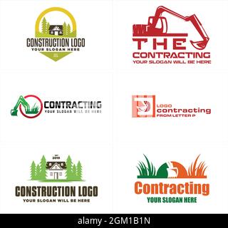 Construction excavator home grass logo design Stock Vector