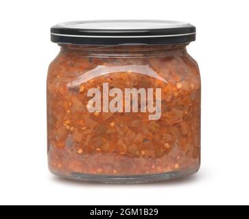 Jar of preserved vegetable salad isolated on white Stock Photo