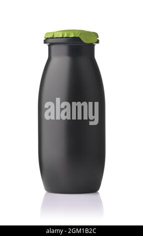 Front view of small black unlabeled plastic drink bottle isolated on white Stock Photo