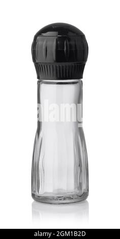 Front view of empty glass pepper mill isolated on white Stock Photo