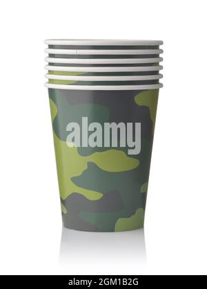Stack of paper disposable camouflage cups isolated on white Stock Photo