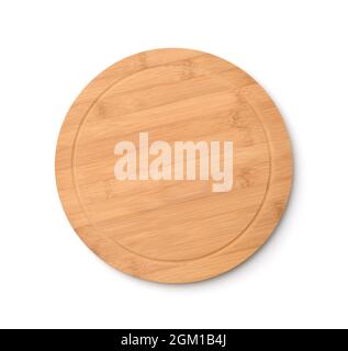 Top view of empty round bamboo pizza cutting board isolated on white Stock Photo