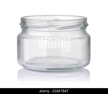 Front view of open empty wide glass jar isolated on white Stock Photo