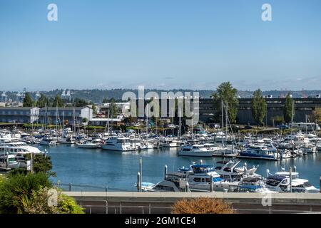 Tacoma, WA USA - circa August 2021: Wide view of Thea Foss Waterway in downtown Tacoma. Stock Photo