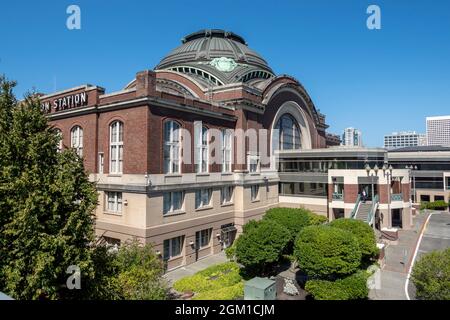 Tacoma, WA USA - circa August 2021: View of Union Station from behind, facing the railway system in downtown Tacoma. Stock Photo