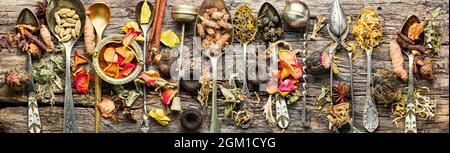 Large set of dried healing and medicinal herbs.Dry tea leaf.Alternative herbal medicine Stock Photo