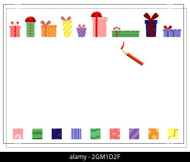 A logical game for children, find the right pattern. Gift boxes. vector isolated on a white background. Stock Vector