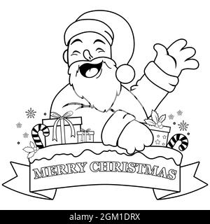Santa Claus and Christmas banner. Black and white coloring page. Stock Photo