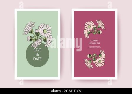 Hand drawn Chrysanthemum flowers greeting card, artistic vector illustration. Botanical wedding ornament. Floral trendy pattern background. Design, in