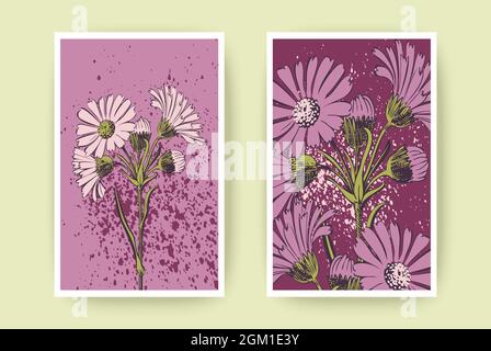 Hand drawn Chrysanthemum flowers greeting card, artistic vector illustration. Botanical wedding ornament. Petals painted in pastel pink colors. Floral Stock Vector