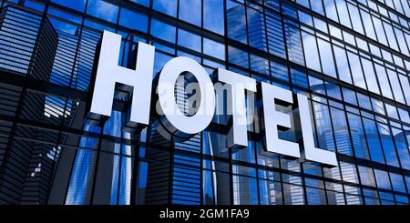 Hotel - typographical concept, sign on glass building - 3D illustration Stock Photo