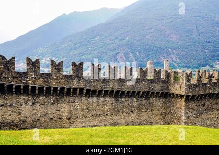 Castle of Montebello in Bellinzona. Bellinzona is a municipality, a historic Swiss town, and the capital of the canton of Ticino in Switzerland. Stock Photo