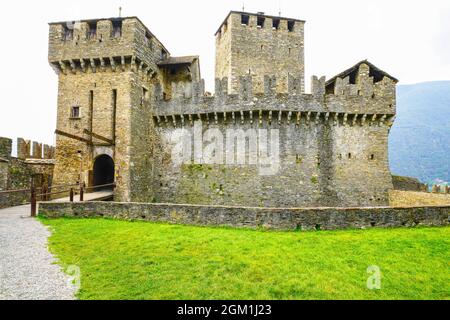 Castle of Montebello in Bellinzona. Bellinzona is a municipality, a historic Swiss town, and the capital of the canton of Ticino in Switzerland. Stock Photo