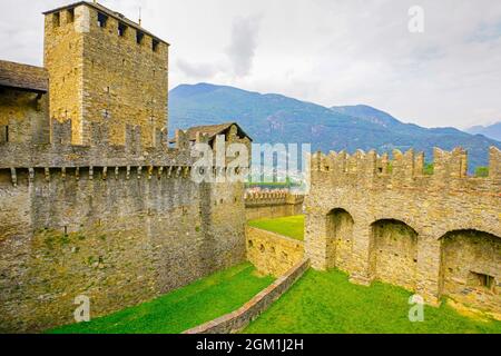 Castle of Montebello in Bellinzona. Bellinzona is a municipality, a historic Swiss town, and the capital of the canton of Ticino in Switzerland. Stock Photo