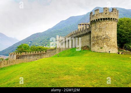 Castle of Montebello in Bellinzona. Bellinzona is a municipality, a historic Swiss town, and the capital of the canton of Ticino in Switzerland. Stock Photo