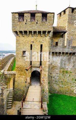 Castle of Montebello in Bellinzona. Bellinzona is a municipality, a historic Swiss town, and the capital of the canton of Ticino in Switzerland. Stock Photo