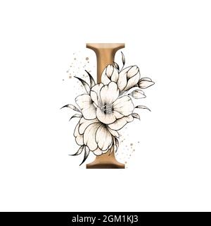 Graphic floral alphabet, gold letter I with vintage flowers bouquet  composition, unique monogram initial perfect for wedding invitations,  greetings Stock Photo - Alamy