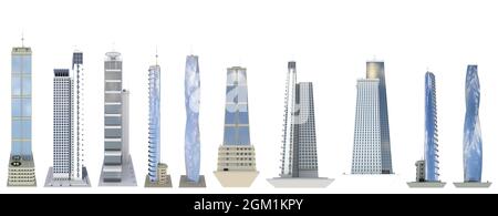 10 various sides view highly detailed renders of fictional design financial skyscrapers with blue cloudy sky reflections - isolated, 3d illustration o Stock Photo