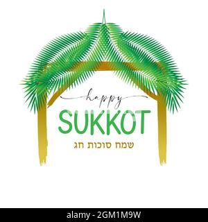 Vector illustration traditional Sukkah for the Jewish Holiday Sukkot. Hebrew greeting for happy sukkot. Palm branches and calligraphy Stock Vector