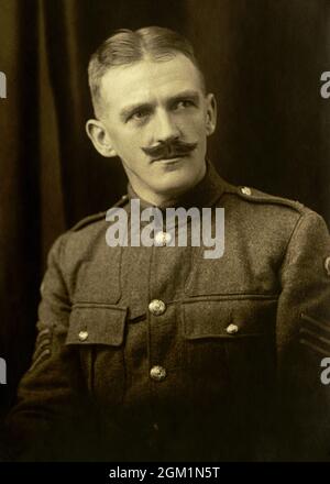 A British Army sergeant from the First World War era, his sergeant's stripes clearly visible and his uniform buttons gleaming Stock Photo