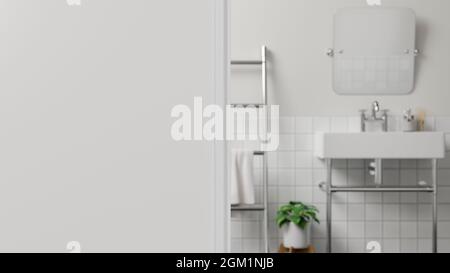 Foreground wall or White wall fragment over blurred white modern bathroom with sink, mirror, ladder and indoor plant, 3d rendering, 3d illustration Stock Photo