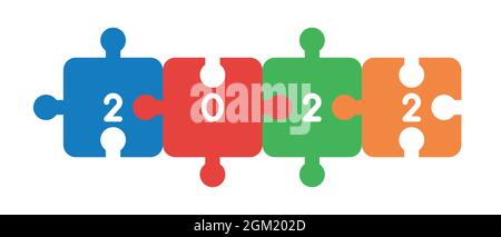 New year 2022 vector concept, connected jigsaw puzzle pieces. Flat colored style. Stock Vector